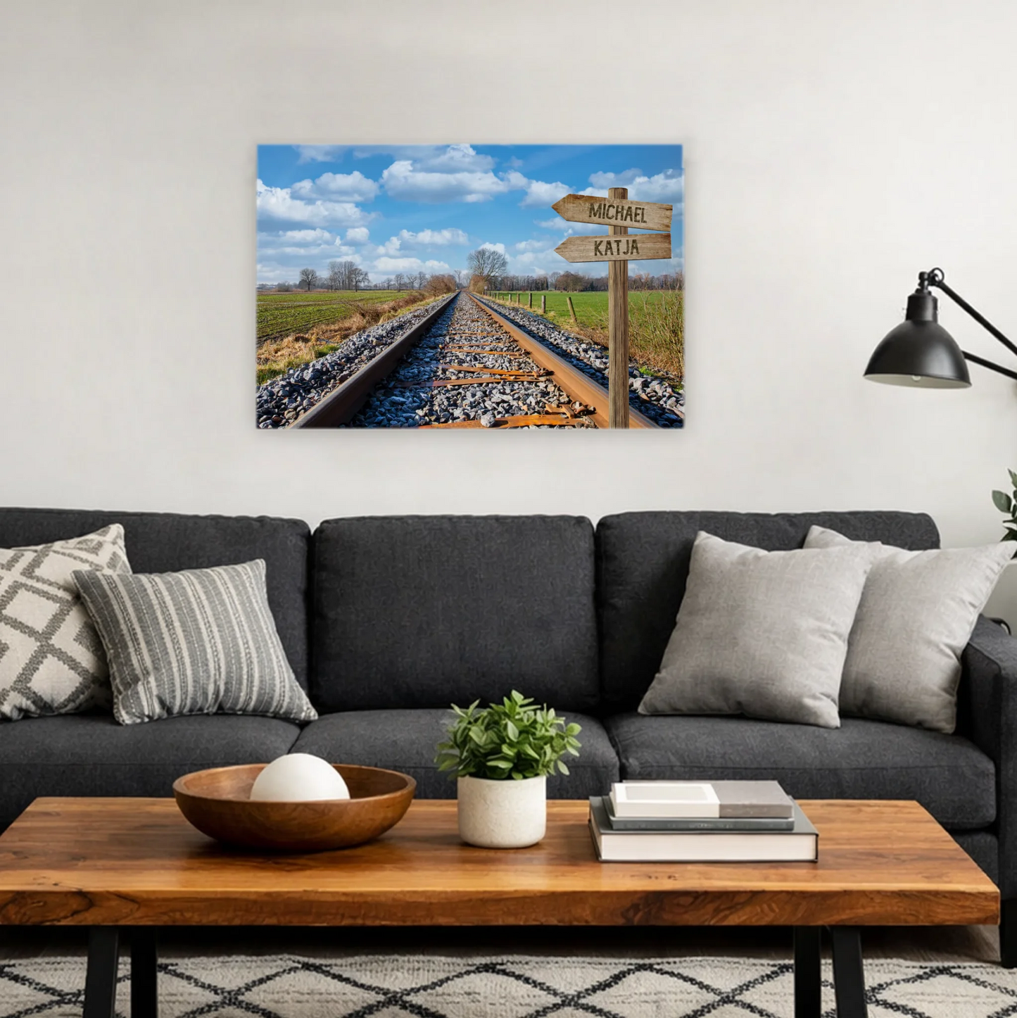 Wegweiser Bahnschiene personalisierbare Leinwand 