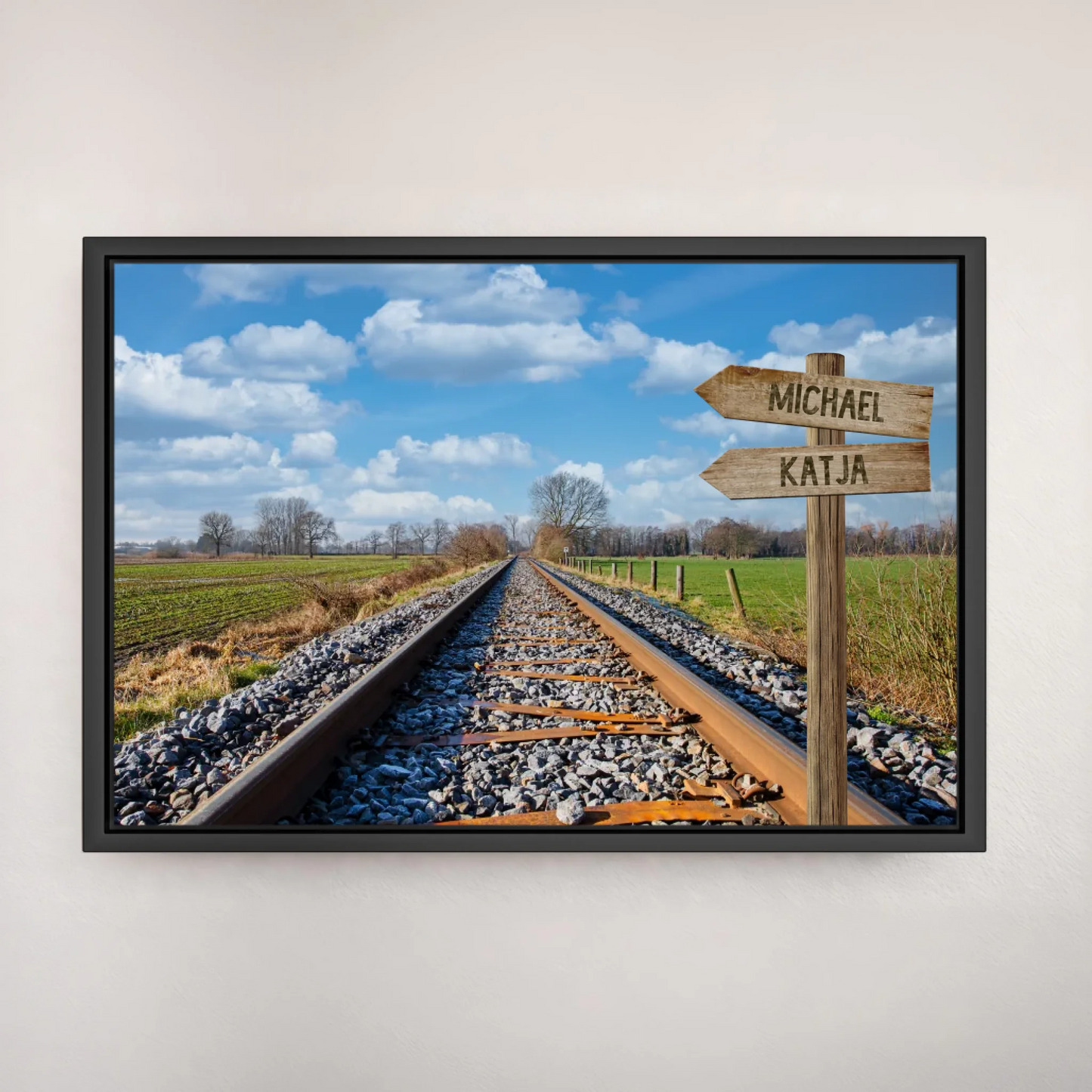 Personalisierbares Leinwandbild mit Eisenbahnschienen, Namensschildern Michael und Katja, Landschaft