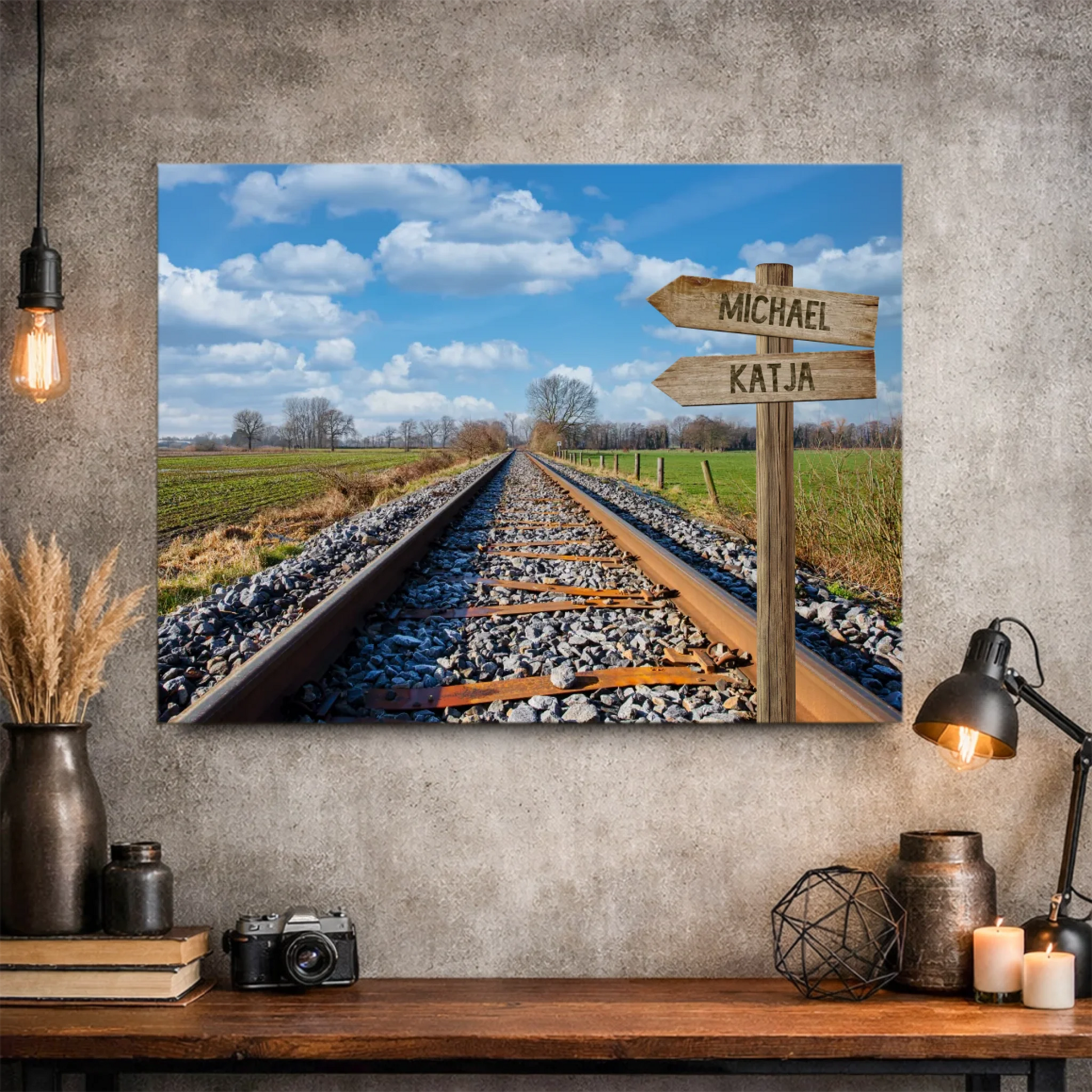 Leinwandbild mit Eisenbahnschienen, Wegweiser mit Namen, moderne Wanddeko, personalisiert