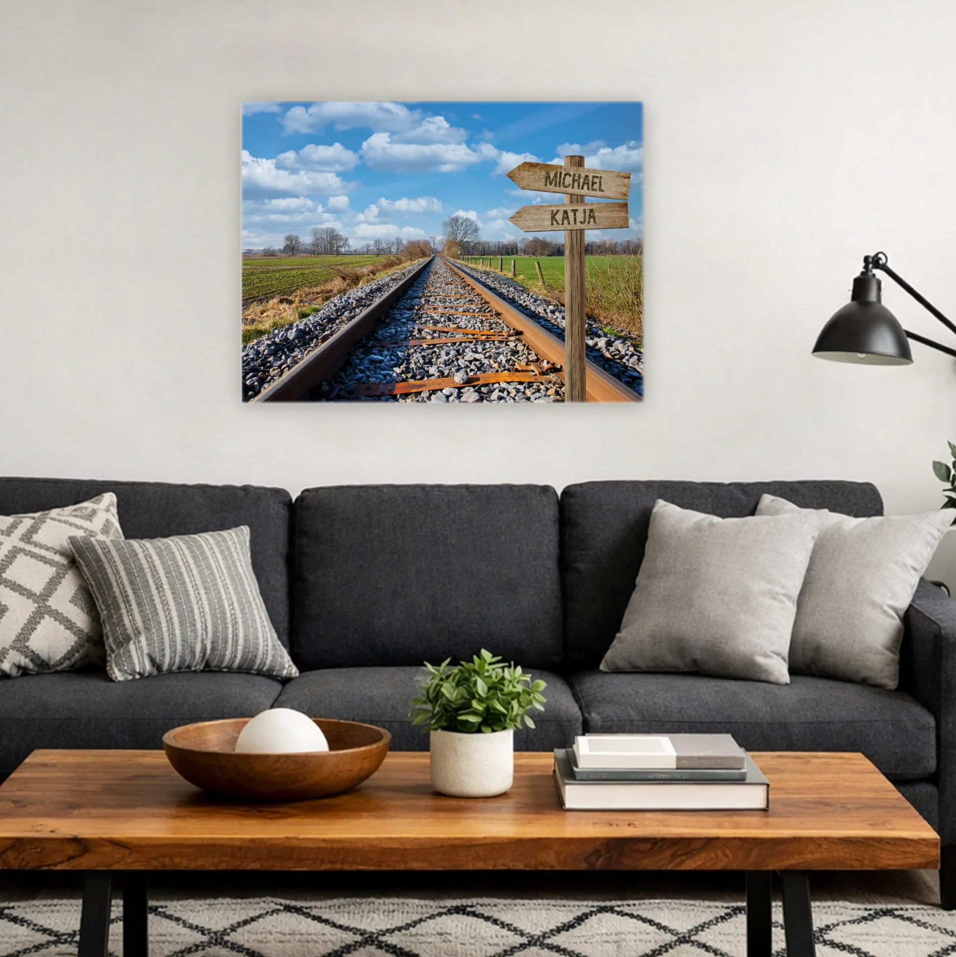 Wegweiser Bahnschiene personalisierbare Leinwand 