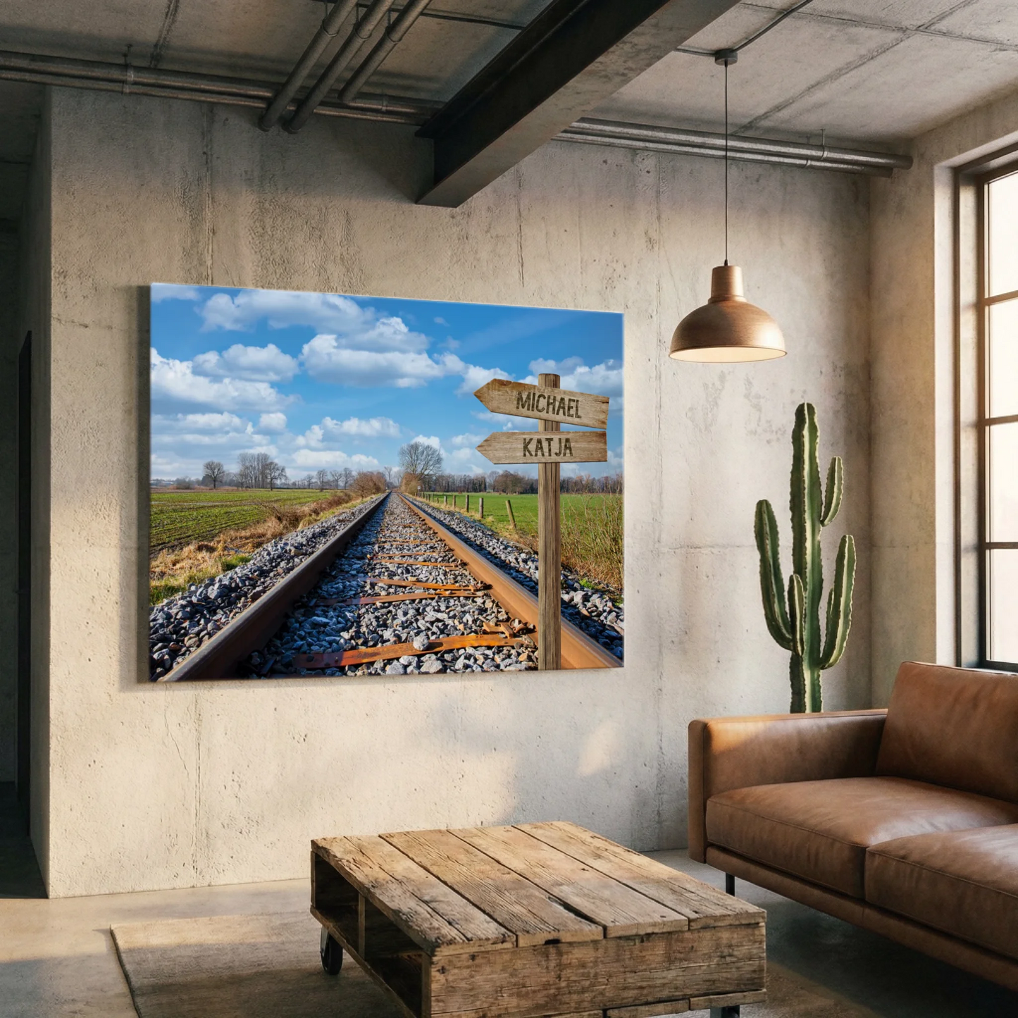 Leinwandbild mit Bahngleisen und personalisiertem Wegweiser in modernem Wohnzimmer