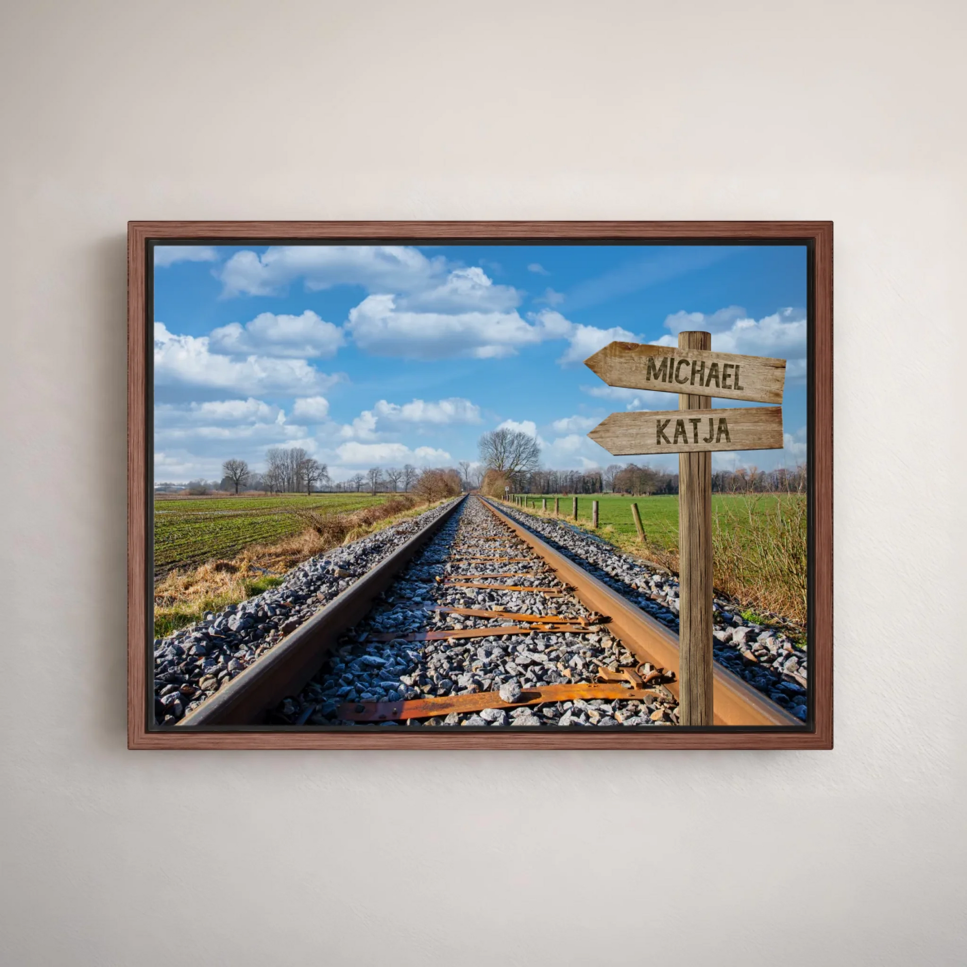 Personalisierte Leinwand mit Eisenbahngleisen und Wegweiser Namen Michael Katja, Geschenk Deko