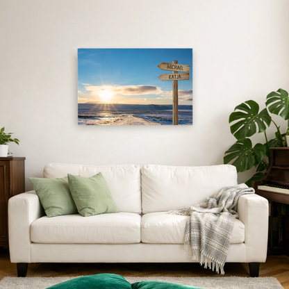 Personalisierte Leinwand mit Sonnenuntergang am Meer und Wegweiser mit Namen, Wohnzimmer-Deko