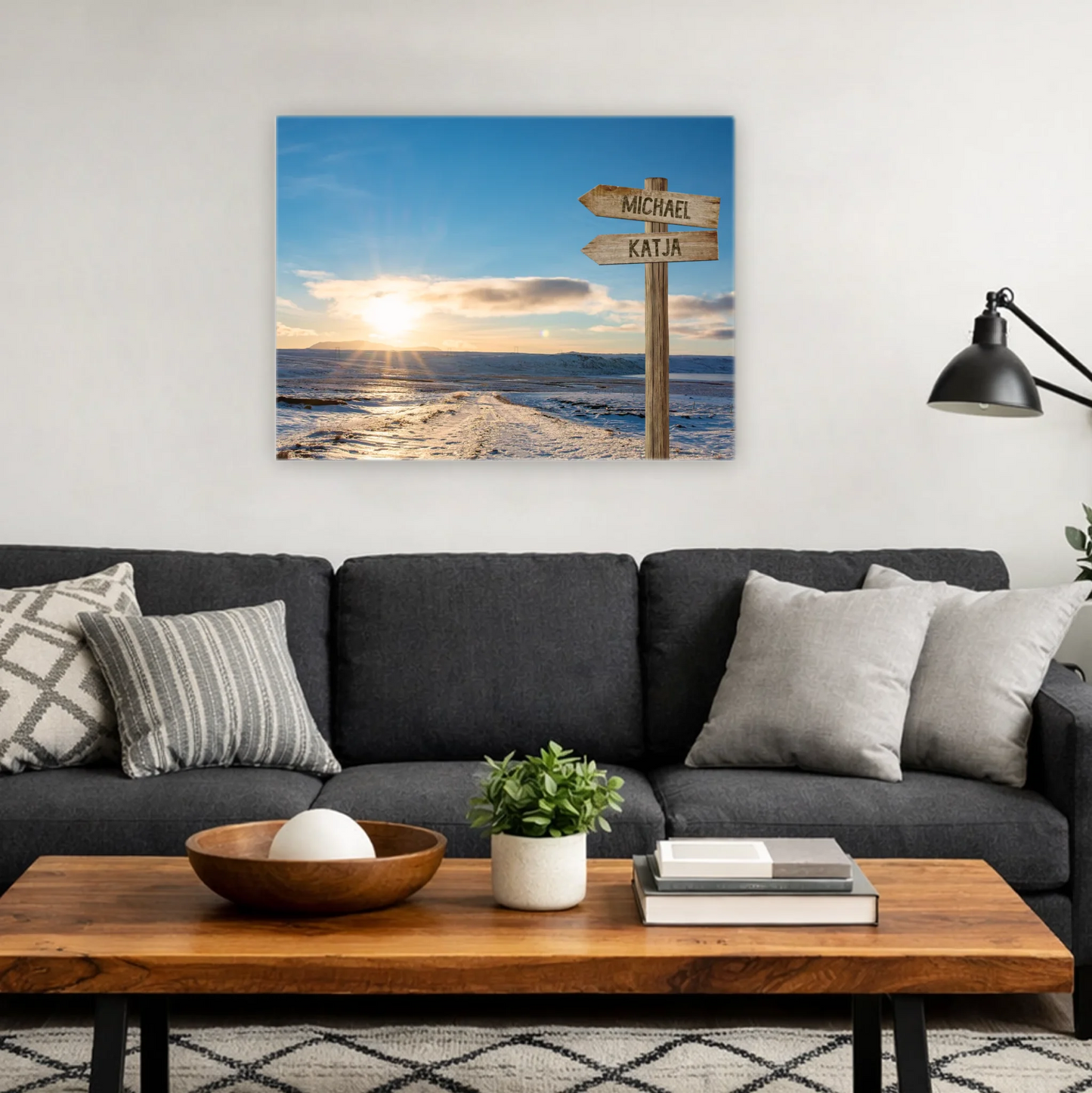 Personalisierte Leinwand mit Wegweiser, Sonnenuntergang am Meer, modernes Wohnzimmer Deko