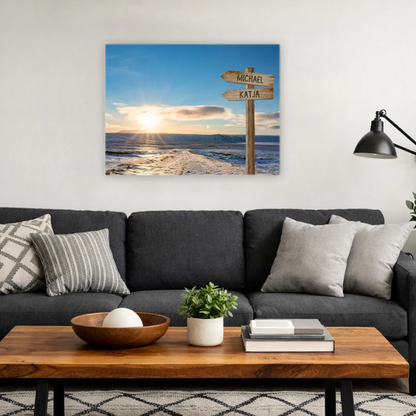 Personalisierte Leinwand mit Wegweiser, Sonnenuntergang am Meer, modernes Wohnzimmer Deko