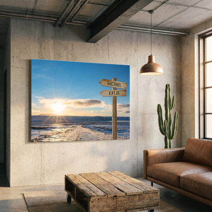 Personalisierte Leinwand mit Wegweiser am Strand, Sonnenuntergang und Namen, modernes Wohnzimmer