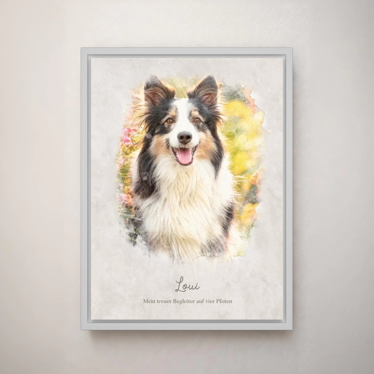 Personalisiertes Leinwandbild "Dein Hund als Kunstwerk im Aquarell-Stil" im Rahmen