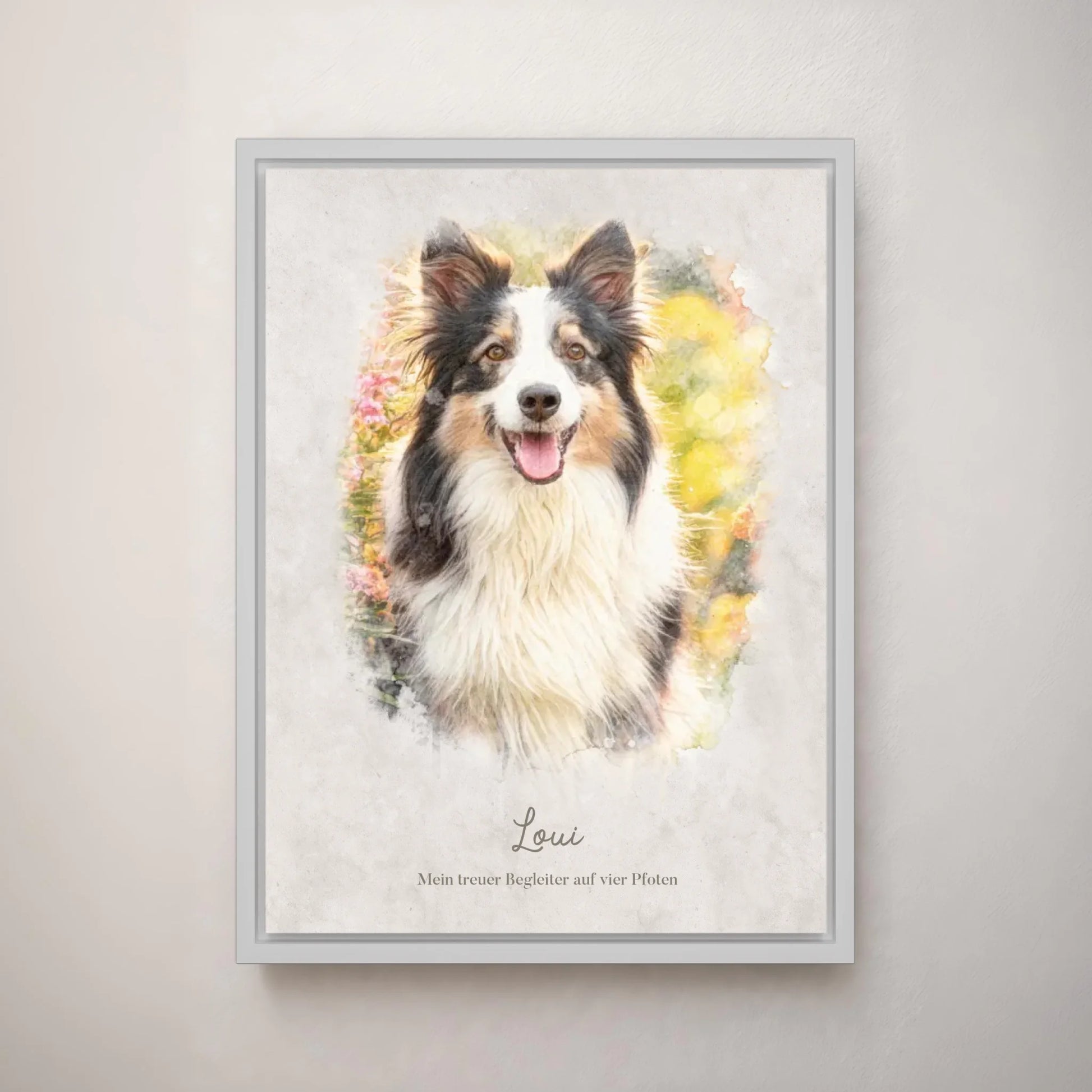 Personalisiertes Leinwandbild "Dein Hund als Kunstwerk im Aquarell-Stil" im Rahmen