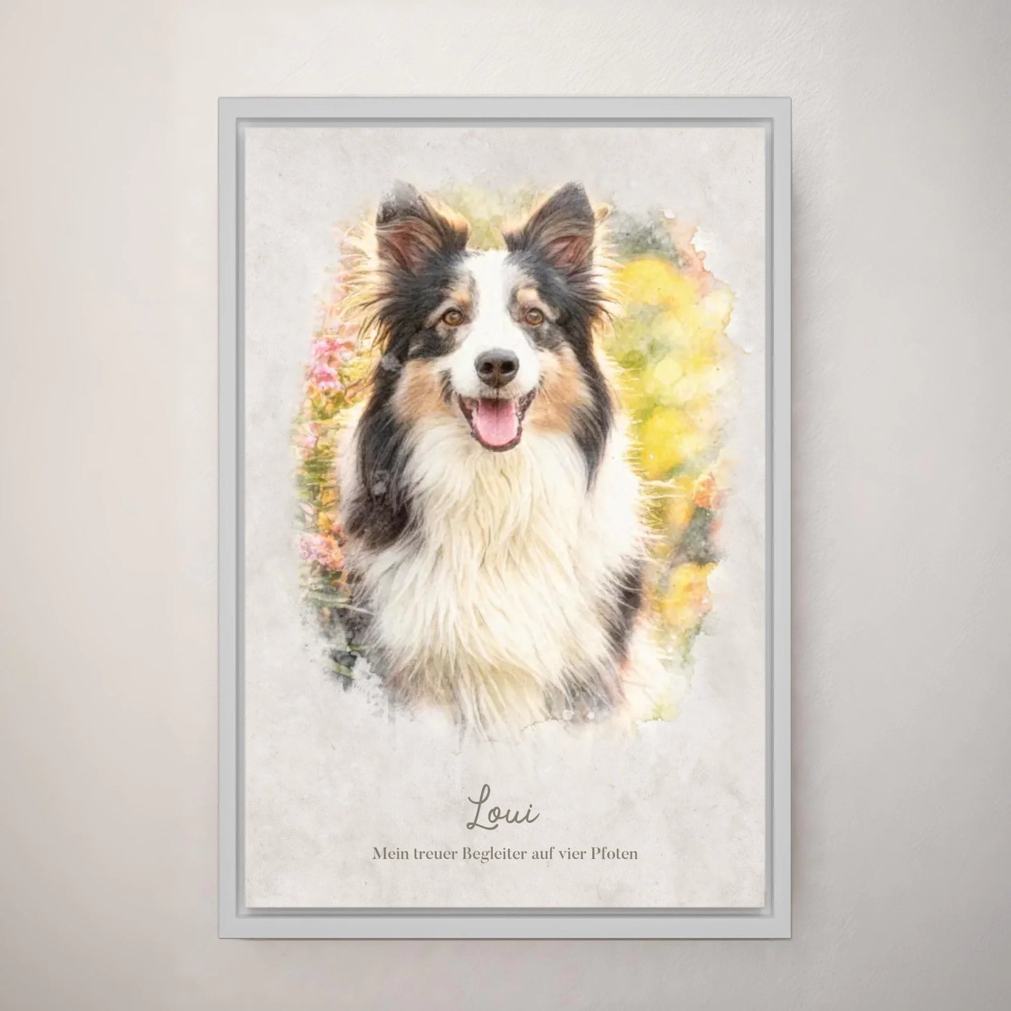 Personalisiertes Leinwandbild "Dein Hund als Kunstwerk im Aquarell-Stil" im Rahmen