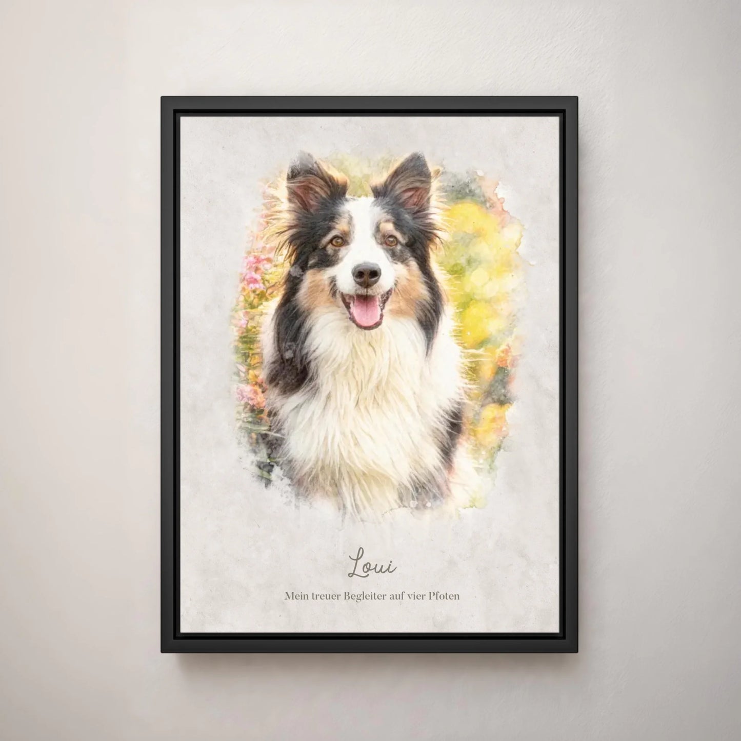 Personalisiertes Leinwandbild "Dein Hund als Kunstwerk im Aquarell-Stil" im Rahmen
