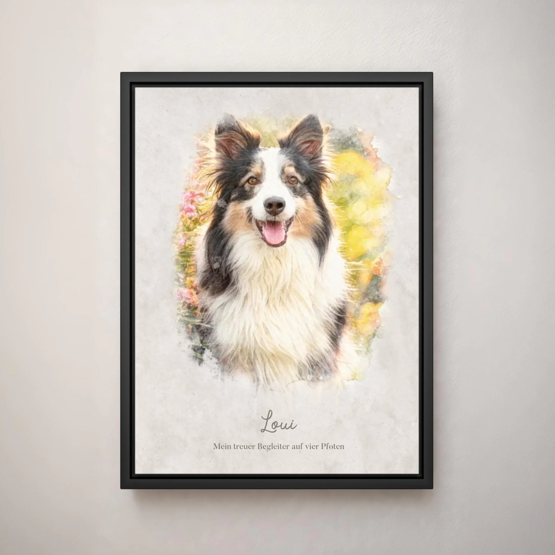 Personalisiertes Leinwandbild "Dein Hund als Kunstwerk im Aquarell-Stil" im Rahmen