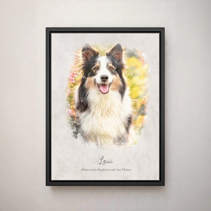 Personalisiertes Leinwandbild "Dein Hund als Kunstwerk im Aquarell-Stil" im Rahmen