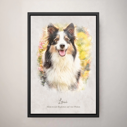 Personalisiertes Leinwandbild "Dein Hund als Kunstwerk im Aquarell-Stil" im Rahmen
