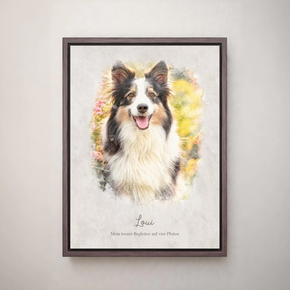 Personalisiertes Leinwandbild "Dein Hund als Kunstwerk im Aquarell-Stil" im Rahmen