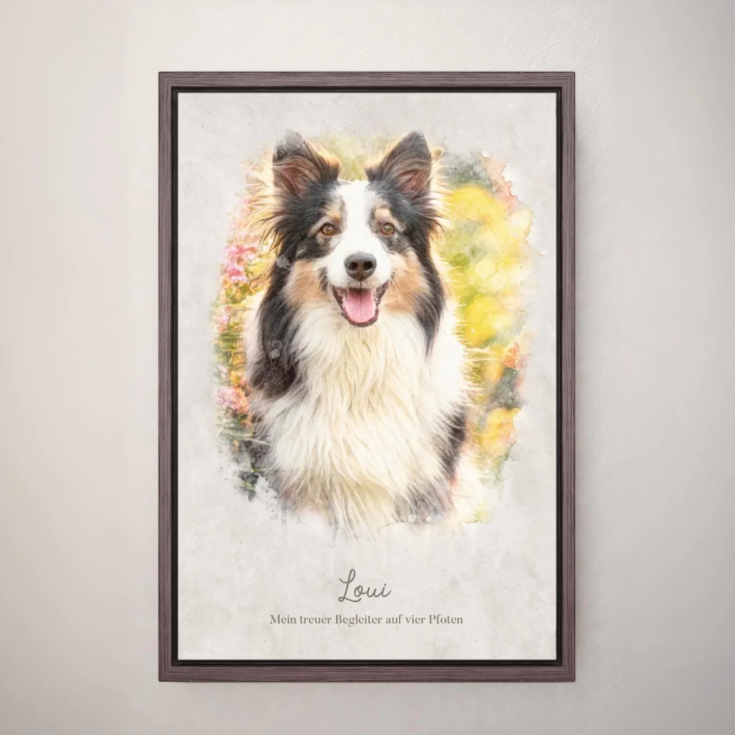 Personalisiertes Leinwandbild "Dein Hund als Kunstwerk im Aquarell-Stil" im Rahmen