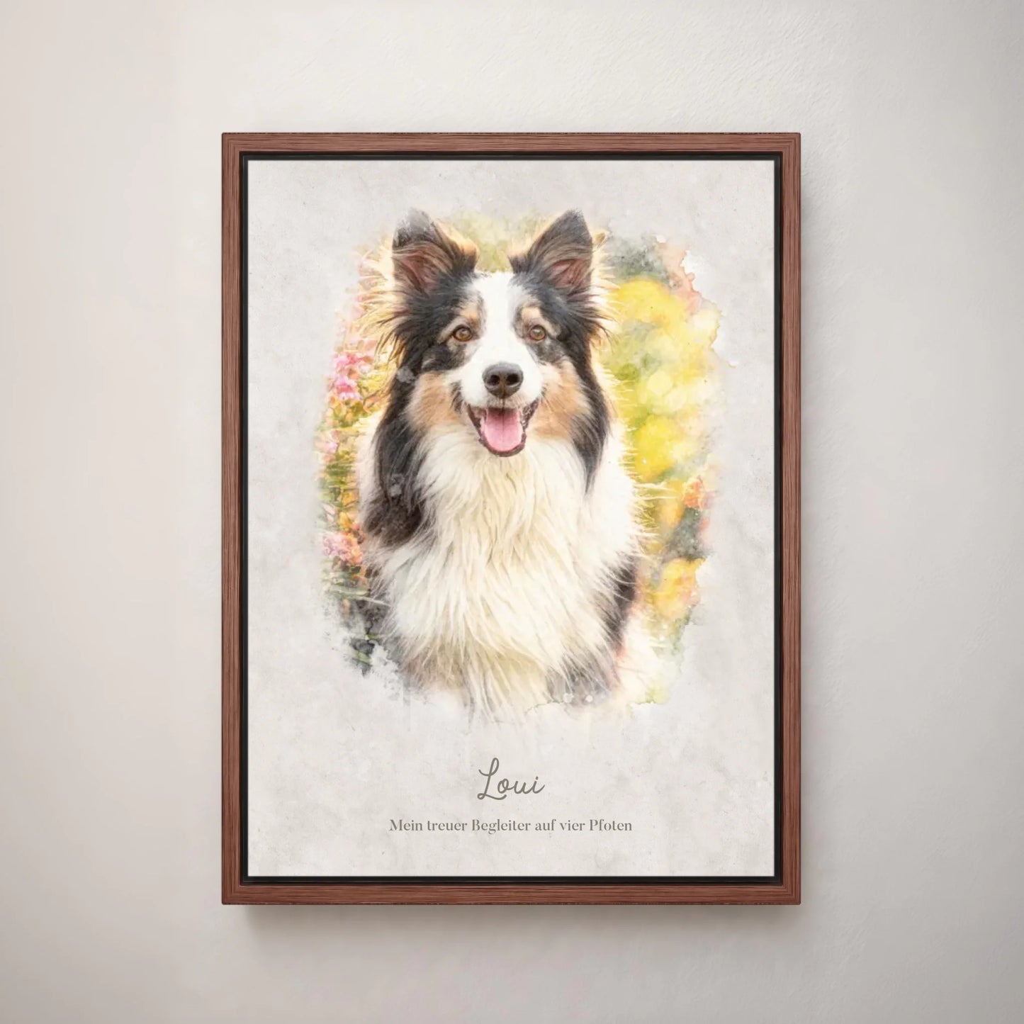 Personalisiertes Leinwandbild "Dein Hund als Kunstwerk im Aquarell-Stil" im Rahmen