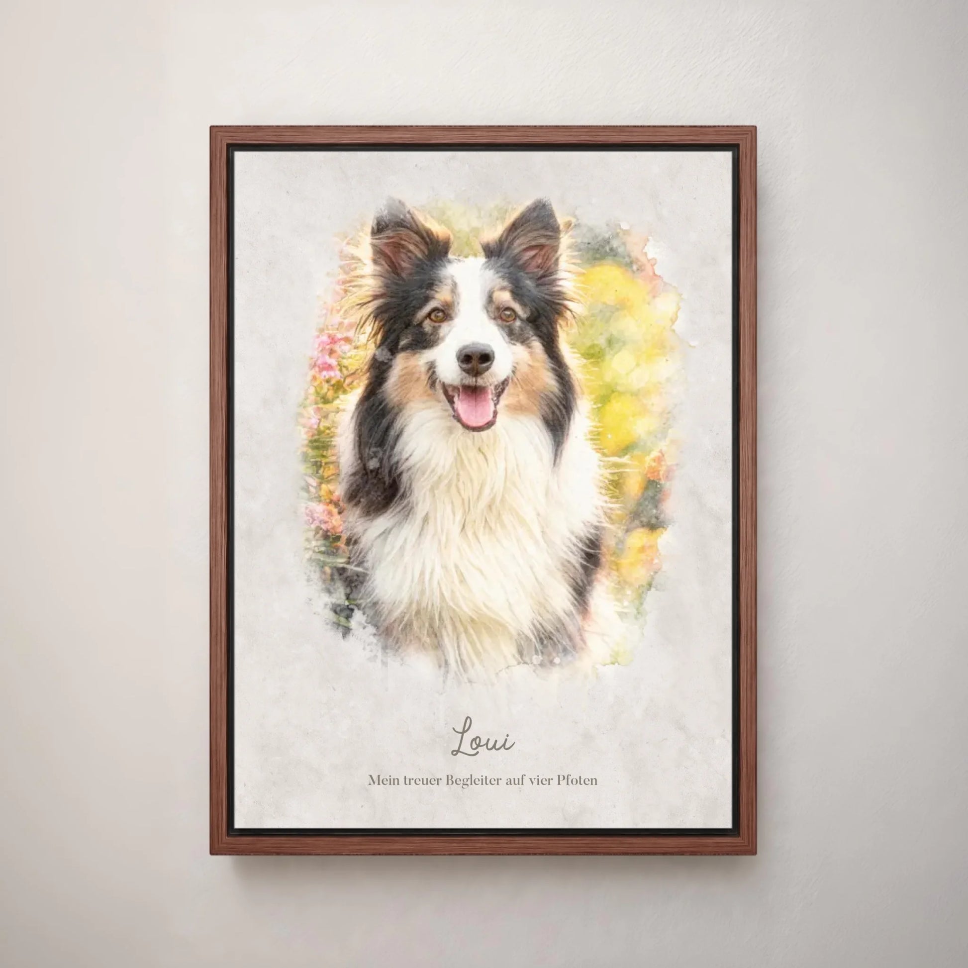 Personalisiertes Leinwandbild "Dein Hund als Kunstwerk im Aquarell-Stil" im Rahmen