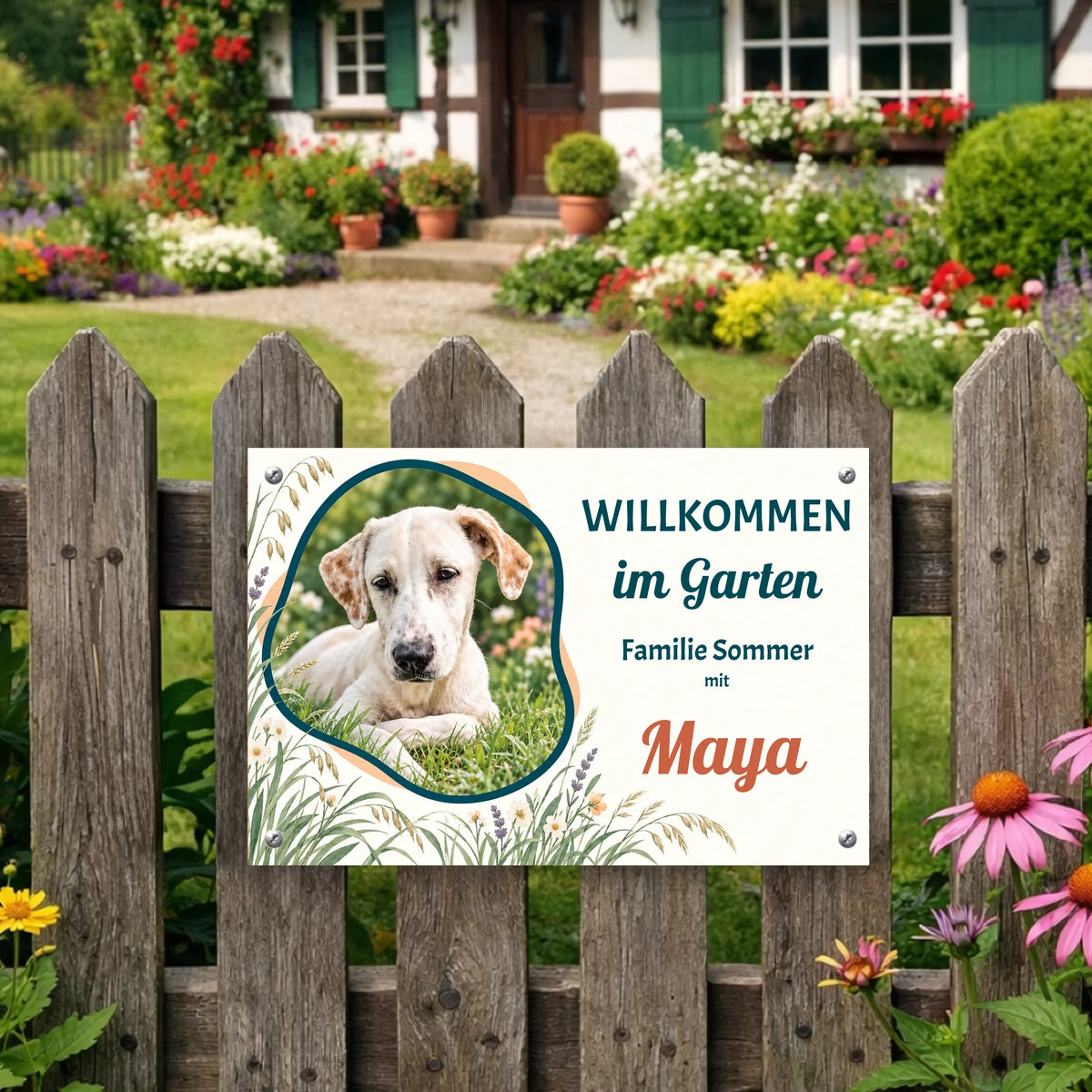 Personalisierbares Hundeschild Gräserrahmen mit eigenem Foto, Familienname und Hundename, 30x20 cm