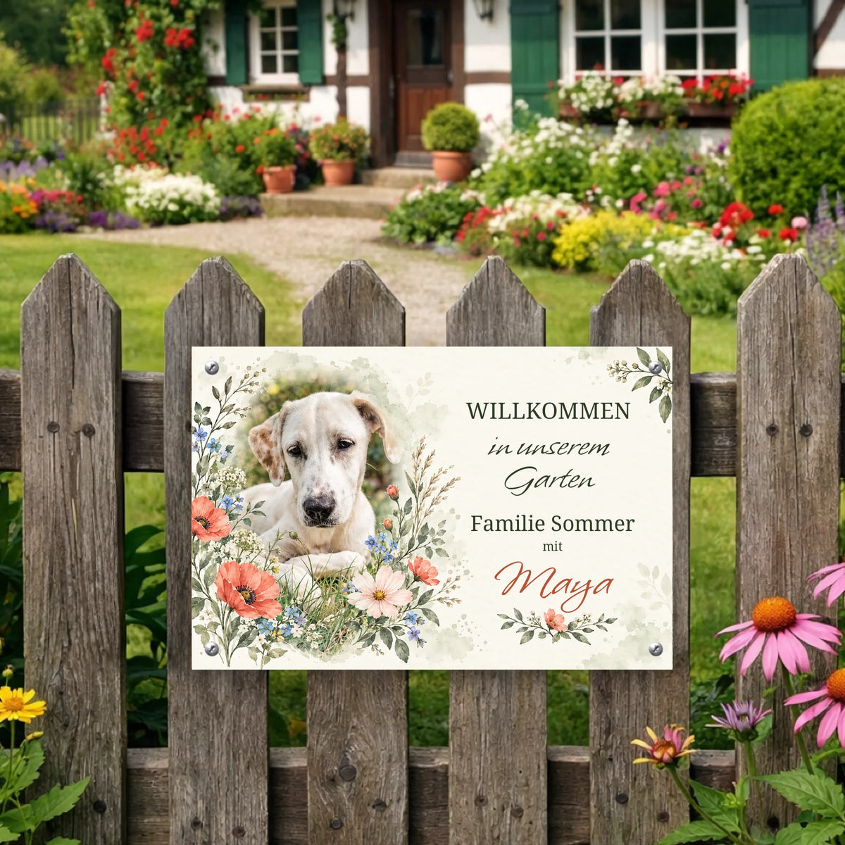 Personalisierbares Hundeschild Blumenwiese mit eigenem Foto, Familienname und Hundename, 30x20 cm