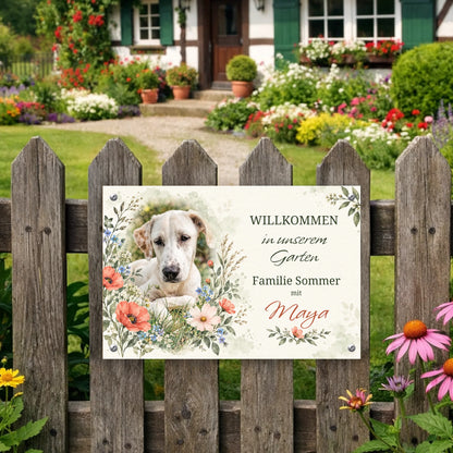 Personalisierbares Hundeschild Blumenwiese mit eigenem Foto, Familienname und Hundename, 30x20 cm