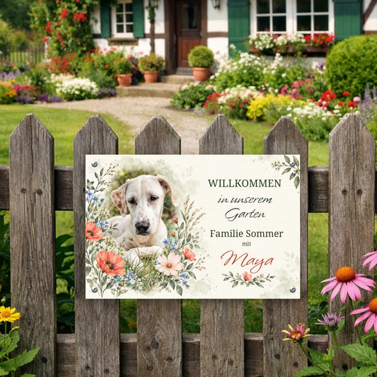 Personalisierbares Hundeschild Blumenwiese mit eigenem Foto, Familienname und Hundename, 30x20 cm