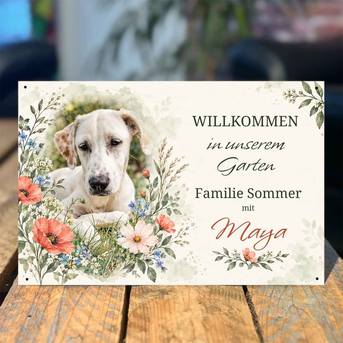 Hundeschild Blumenwiese personalisiert mit Foto des eigenen Hundes